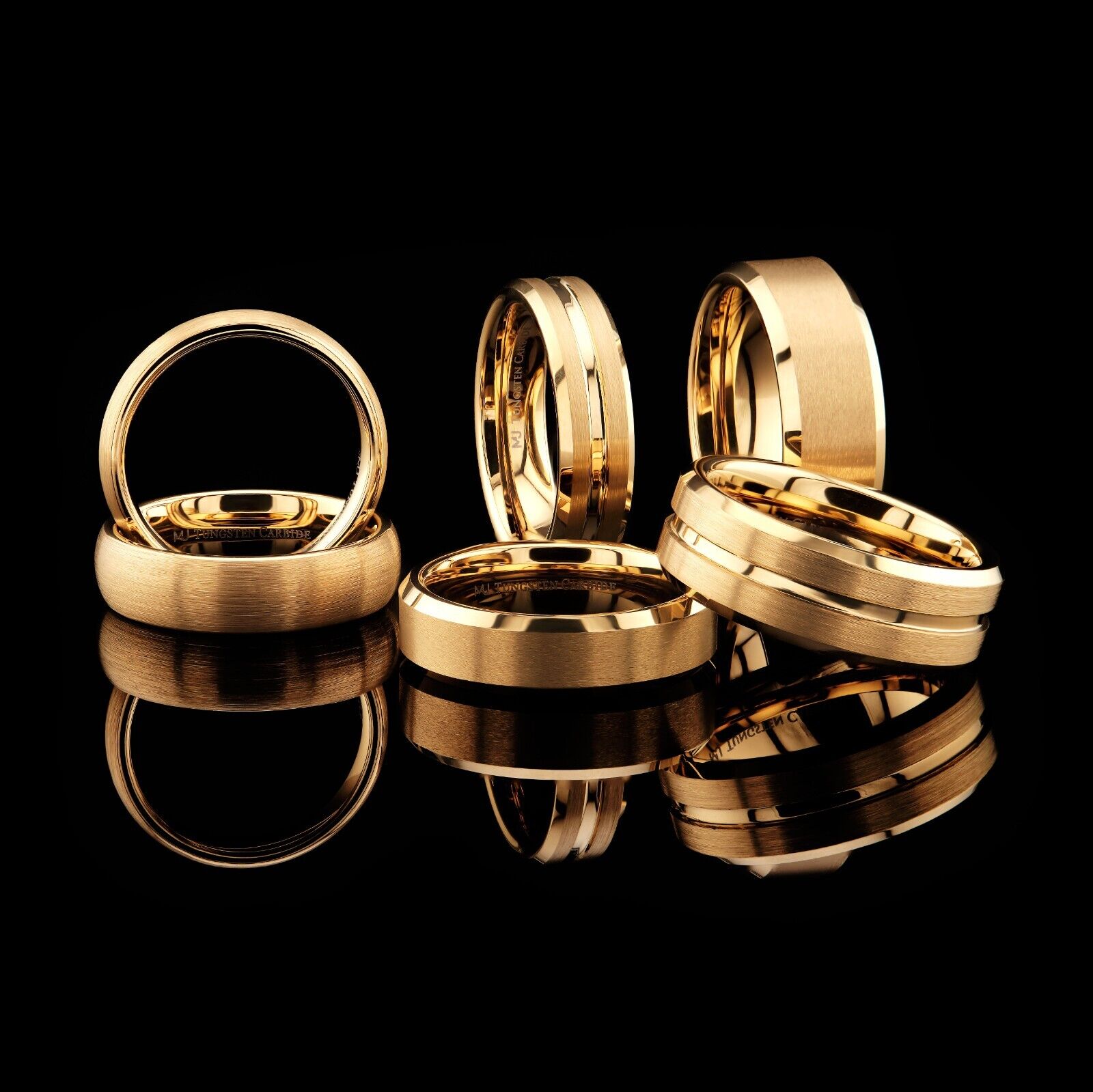 6mm or 8mm Brushed Gold Plated Tungsten Carbide Band Polished Edges Ring
