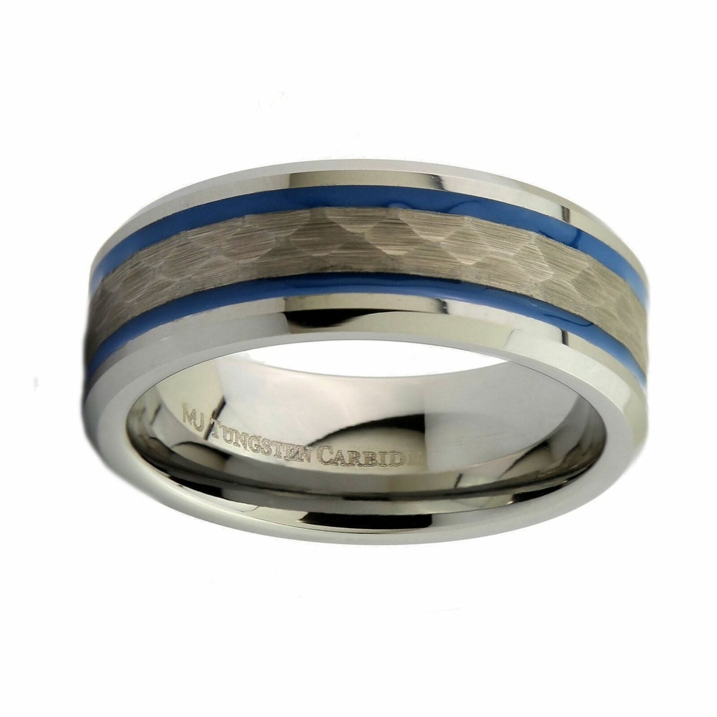 White Tungsten Carbide 8mm Hammered Center Blue Resin Striped Ring
