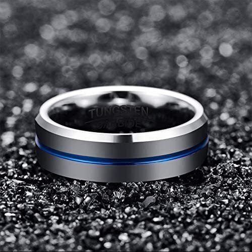 Tungsten Carbide 8mm Wedding Band Blue Striped Center Ring