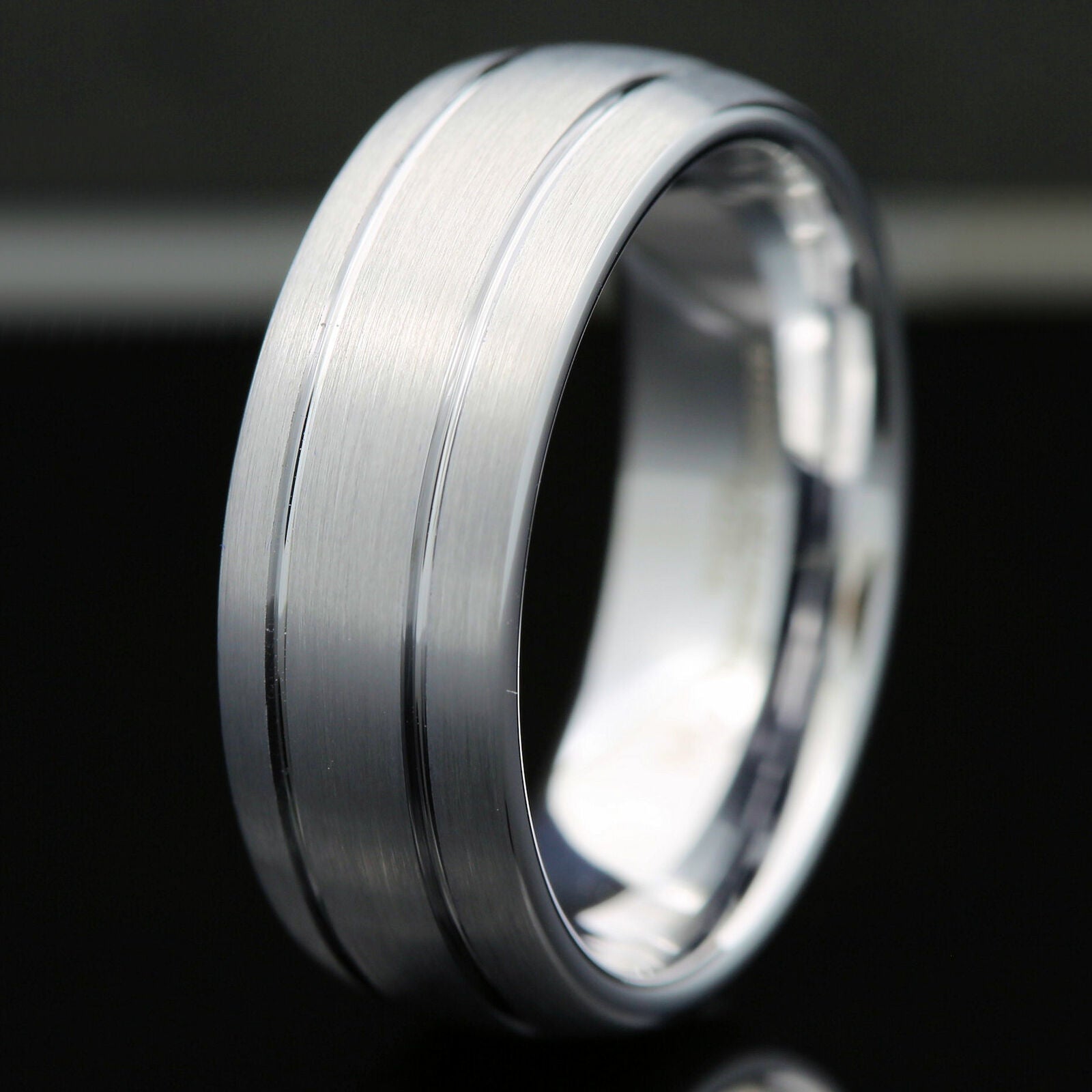8mm White Tungsten Carbide Wedding Band 2 Grooves Brushed Dome Ring