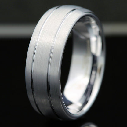 8mm White Tungsten Carbide Wedding Band 2 Grooves Brushed Dome Ring