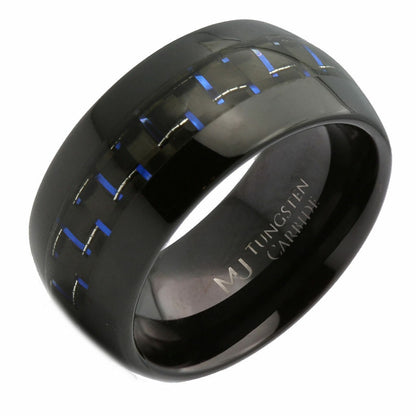 Tungsten Carbide Black Plated 8 or 10mm with Black/Blue Carbon Fiber Inlay Ring