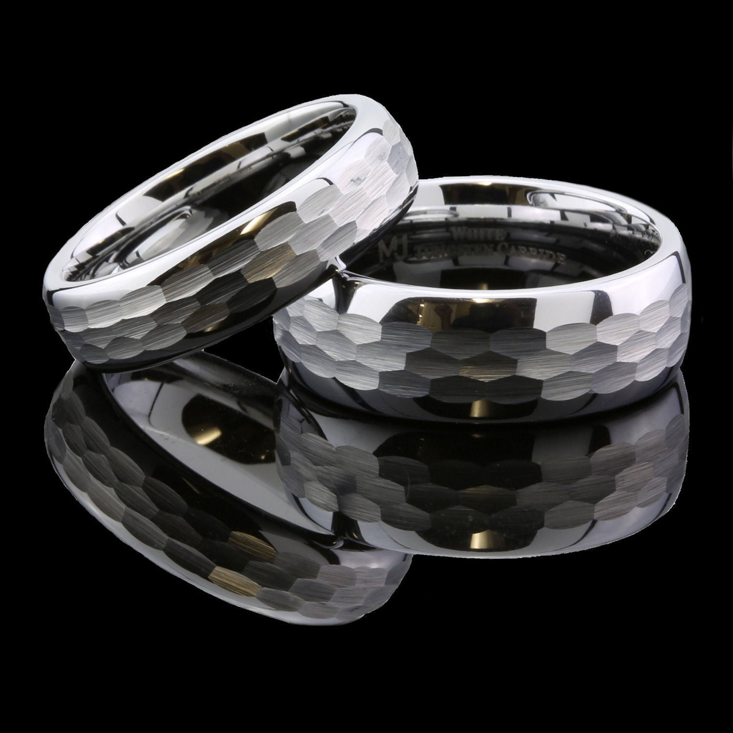 White Tungsten Carbide Hammered Center 6mm or 8mm Wedding Band Ring