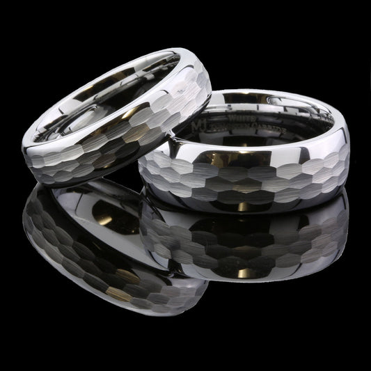 White Tungsten Carbide Hammered Center 6mm or 8mm Wedding Band Ring