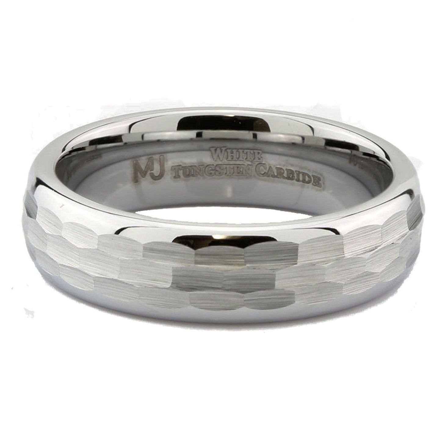 White Tungsten Carbide Hammered Center 6mm or 8mm Wedding Band Ring