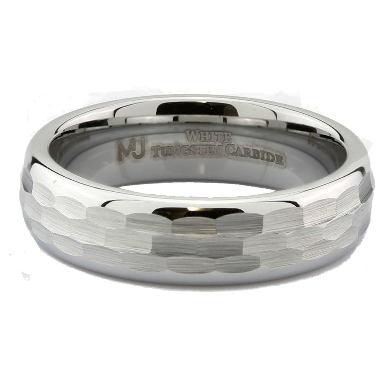 White Tungsten Carbide Hammered Center 6mm or 8mm Wedding Band Ring