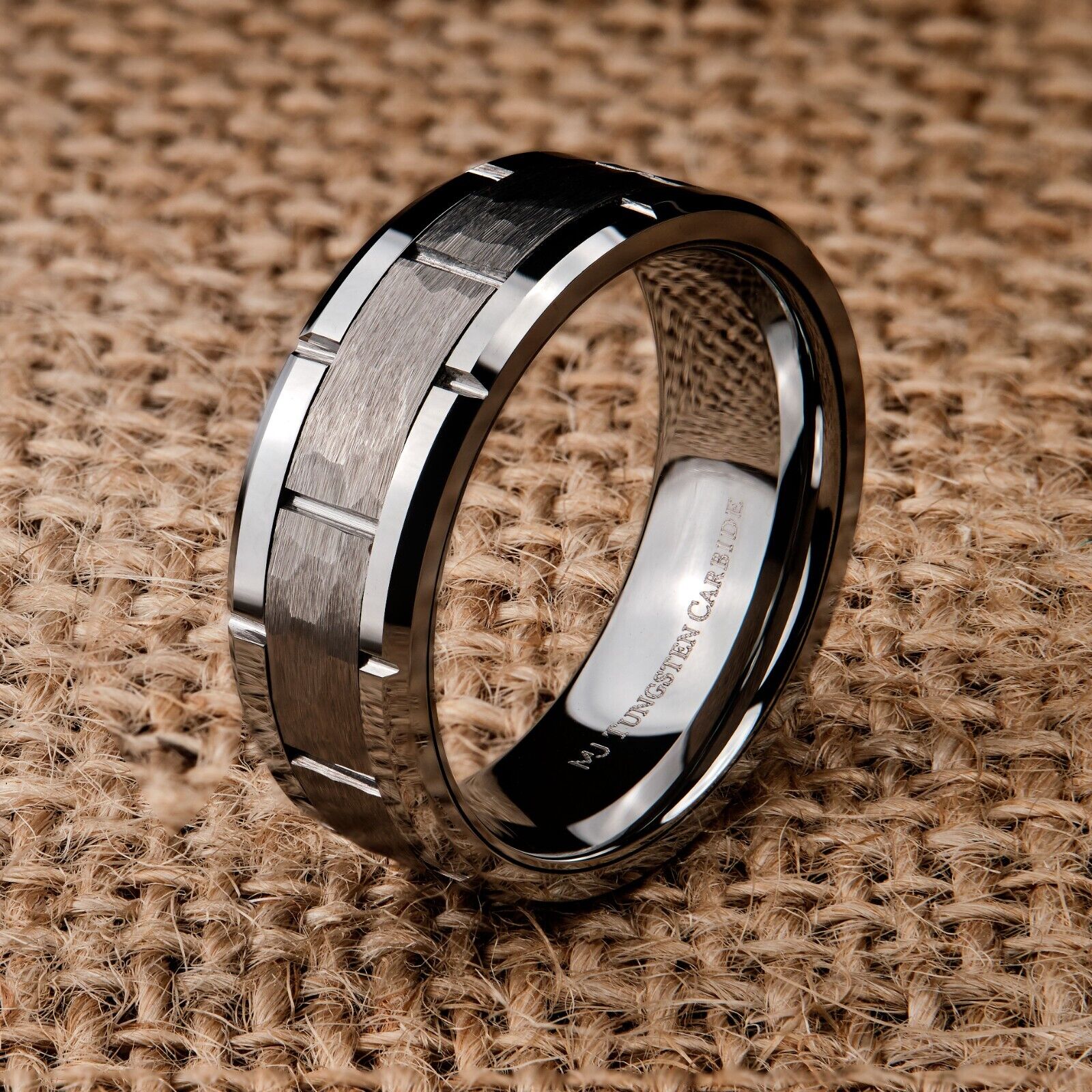 Tungsten Carbide 8mm Band Brushed Hammered Brick Pattern Notched Edges Ring