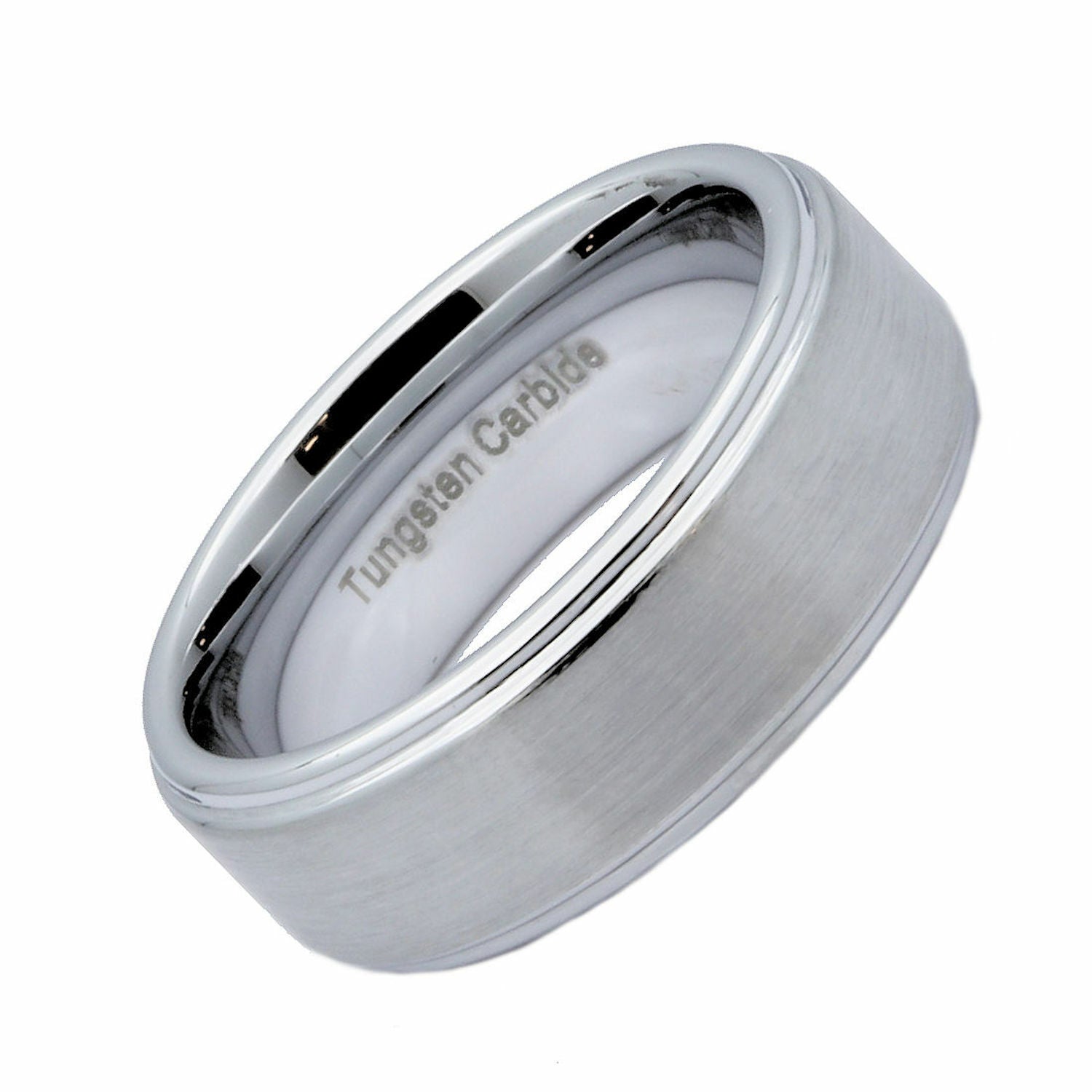 White Tungsten Carbide Brushed Wedding Band Recessed Edge 6mm or 8mm Ring
