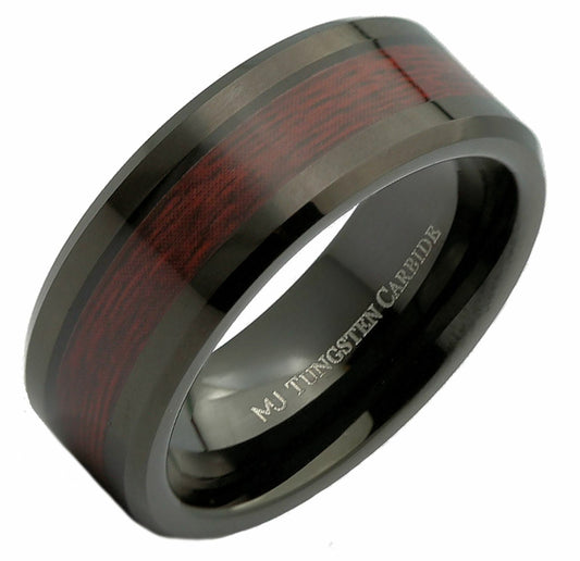 8mm Black Tungsten Carbide Wedding Band Koa Wood Inlay Ring