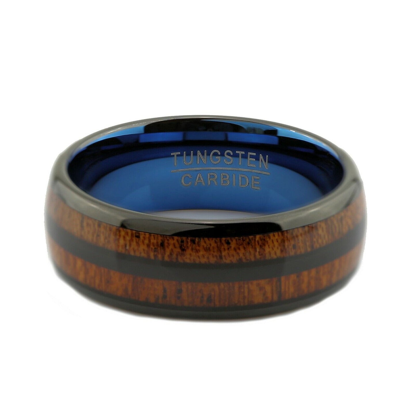 8mm Tungsten Carbide Wedding Band dual Koa Wood Inlay with Blue inside