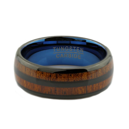 8mm Tungsten Carbide Wedding Band dual Koa Wood Inlay with Blue inside
