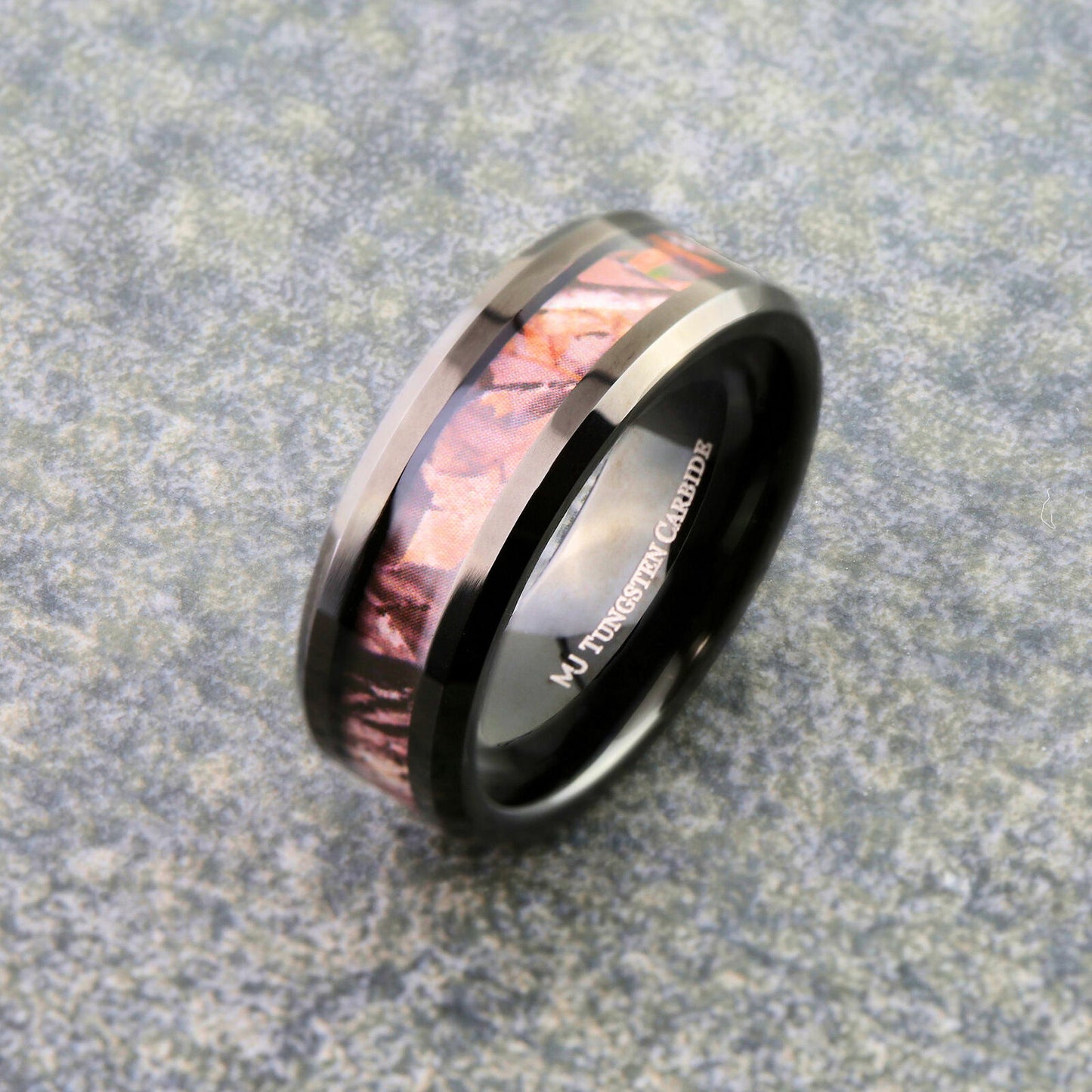 Tungsten Carbide 8mm Wedding Band Black Plated Camouflage Inlay Ring