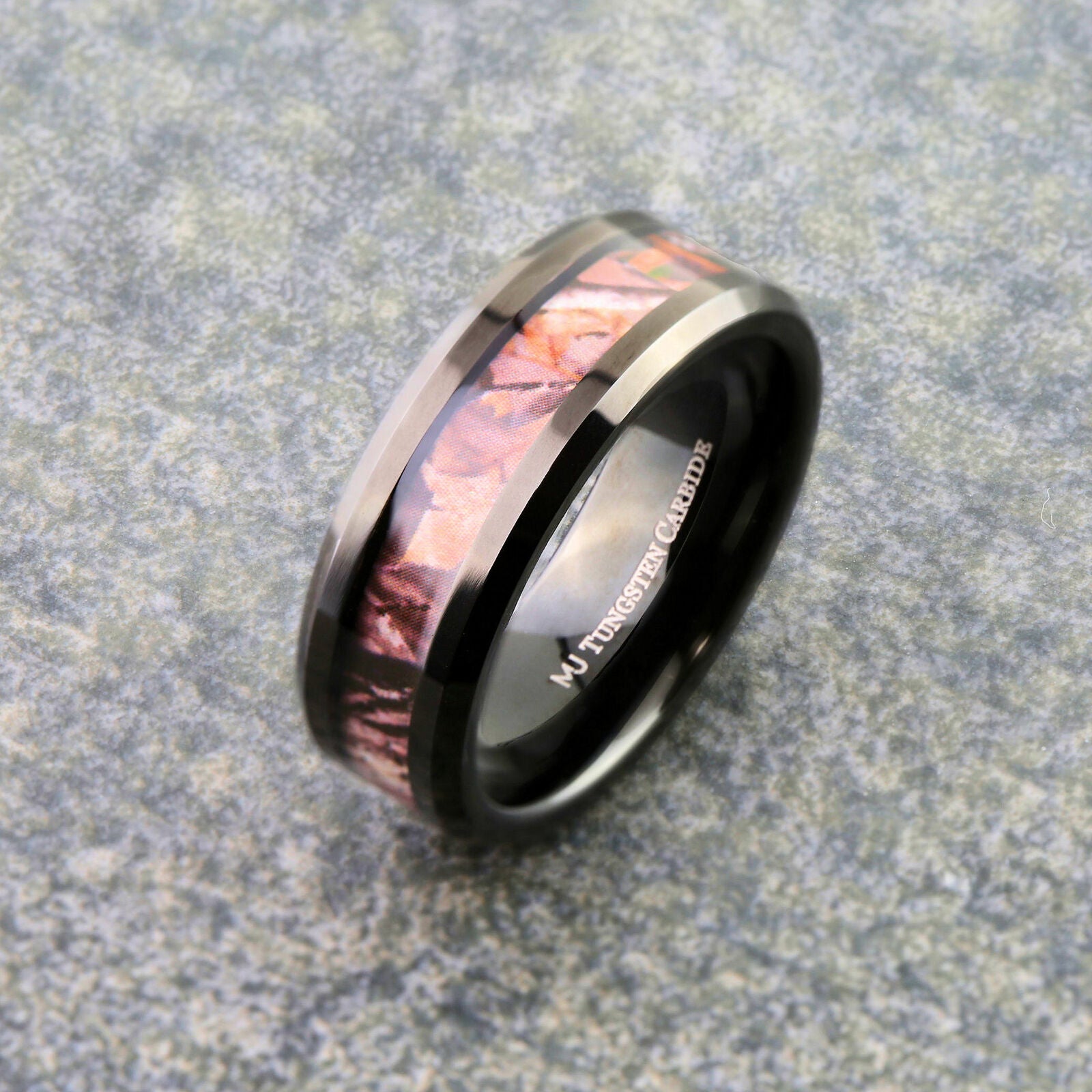 Tungsten Carbide 8mm Wedding Band Black Plated Camouflage Inlay Ring