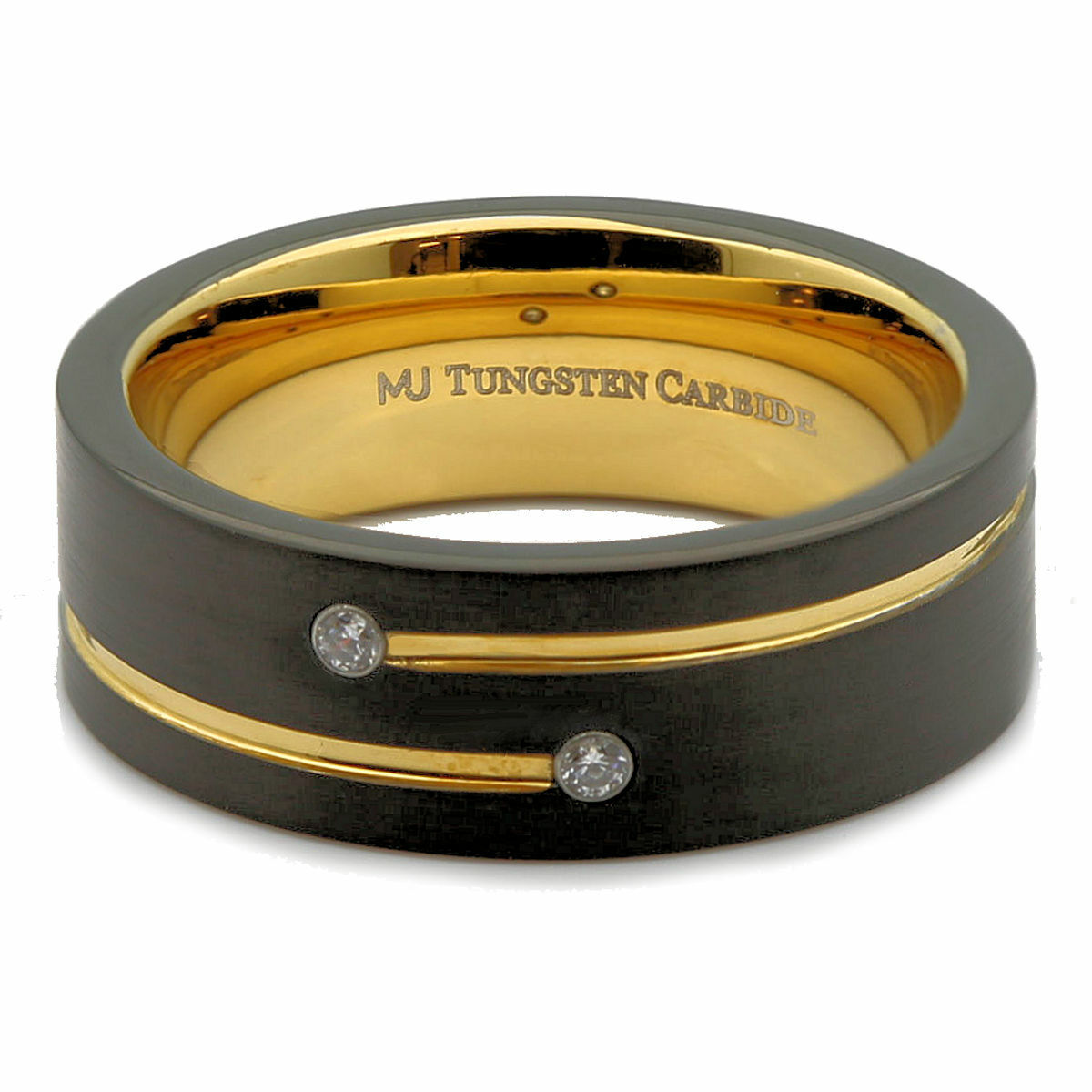 8mm Tungsten Carbide Rose Gold Plated Inside and 2 Stripes 2 CZs Ring