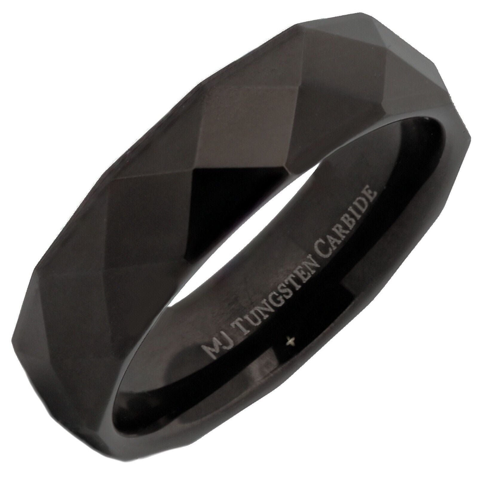 White Tungsten Carbide or Black Plated Multi Faceted Polished 6mm or 8mm Ring