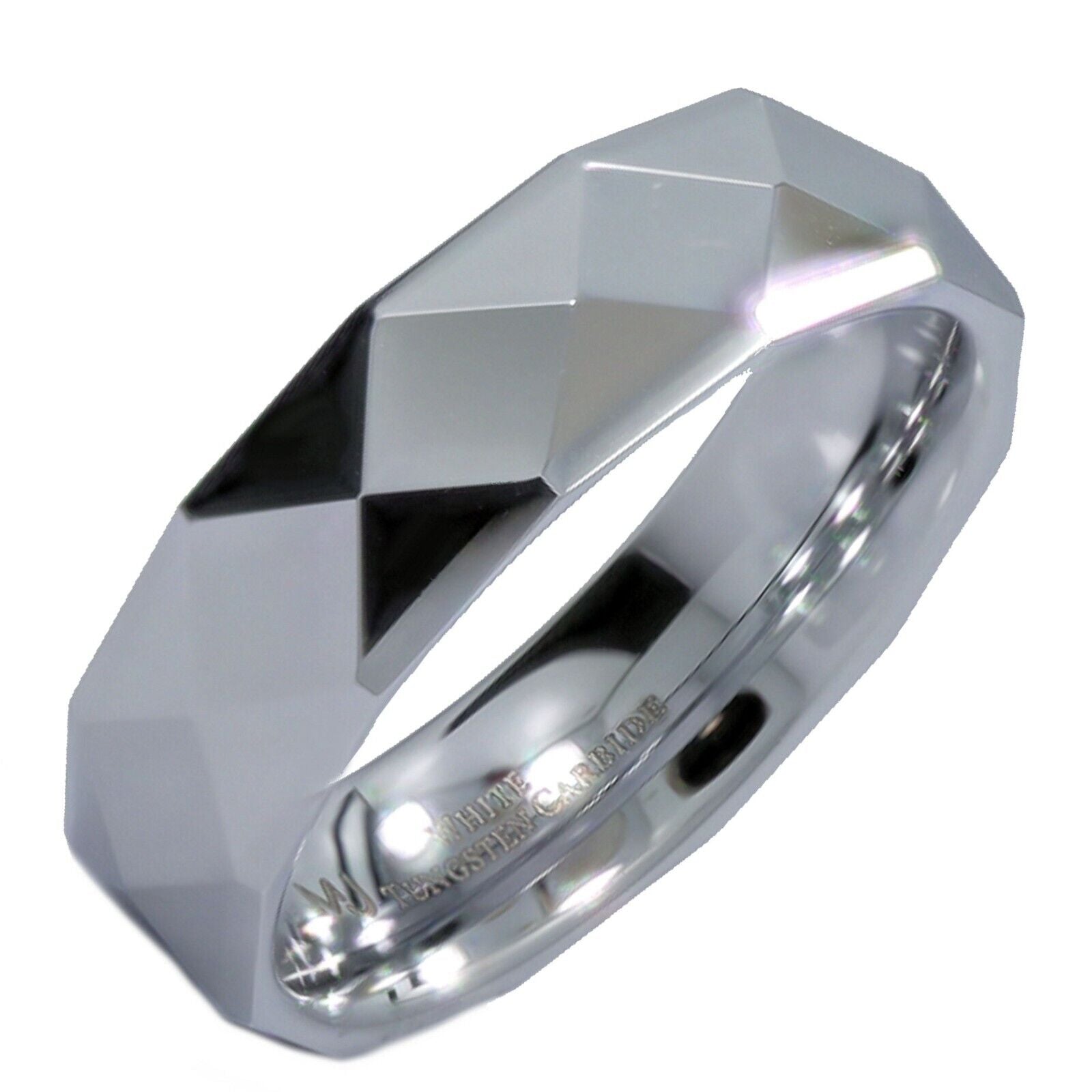 White Tungsten Carbide or Black Plated Multi Faceted Polished 6mm or 8mm Ring