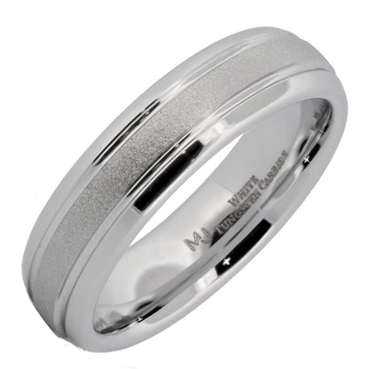 White Tungsten Carbide 6mm or 8mm Ring Sand Blasted Center Polished Edges