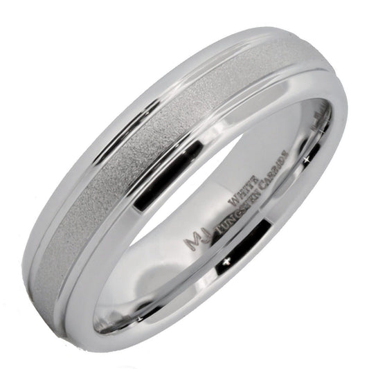 White Tungsten Carbide 6mm or 8mm Ring Sand Blasted Center Polished Edges