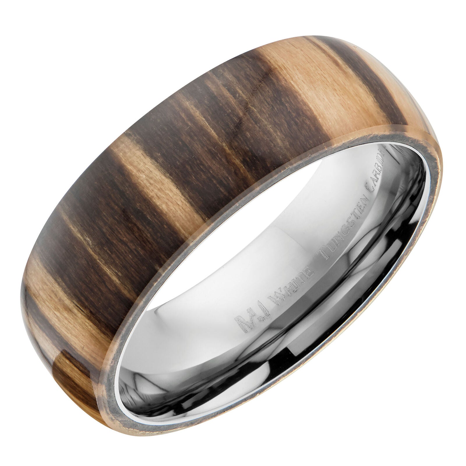 Zebra Wood Ring Polished Tungsten Carbide Comfort Fit Wedding Ring 8mm