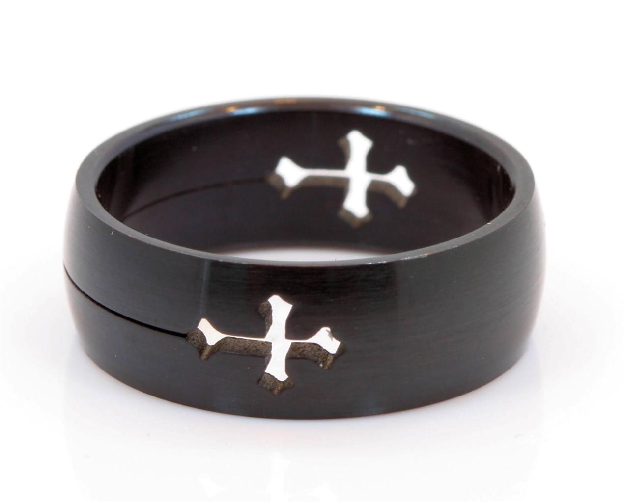 8mm Brushed Finished Stainless Steel Ring Cross Cut-Out ip Black