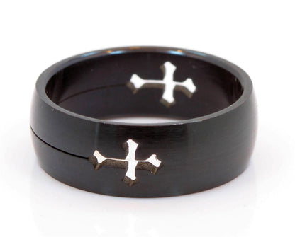 8mm Brushed Finished Stainless Steel Ring Cross Cut-Out ip Black
