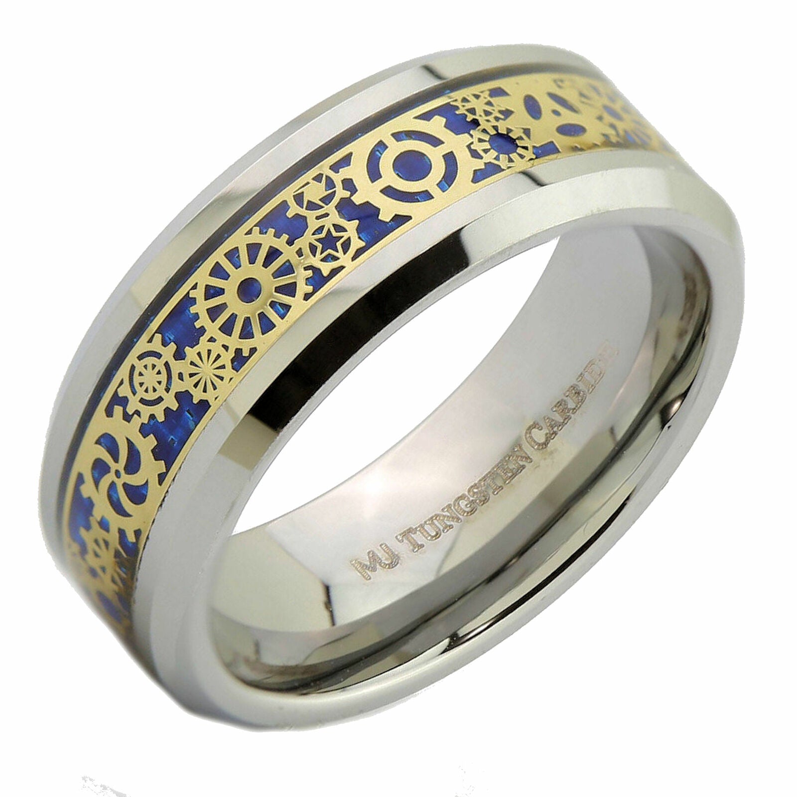 Steampunk Gear Inlay 8mm Polished or Black Plated Tungsten Carbide Wedding Ring