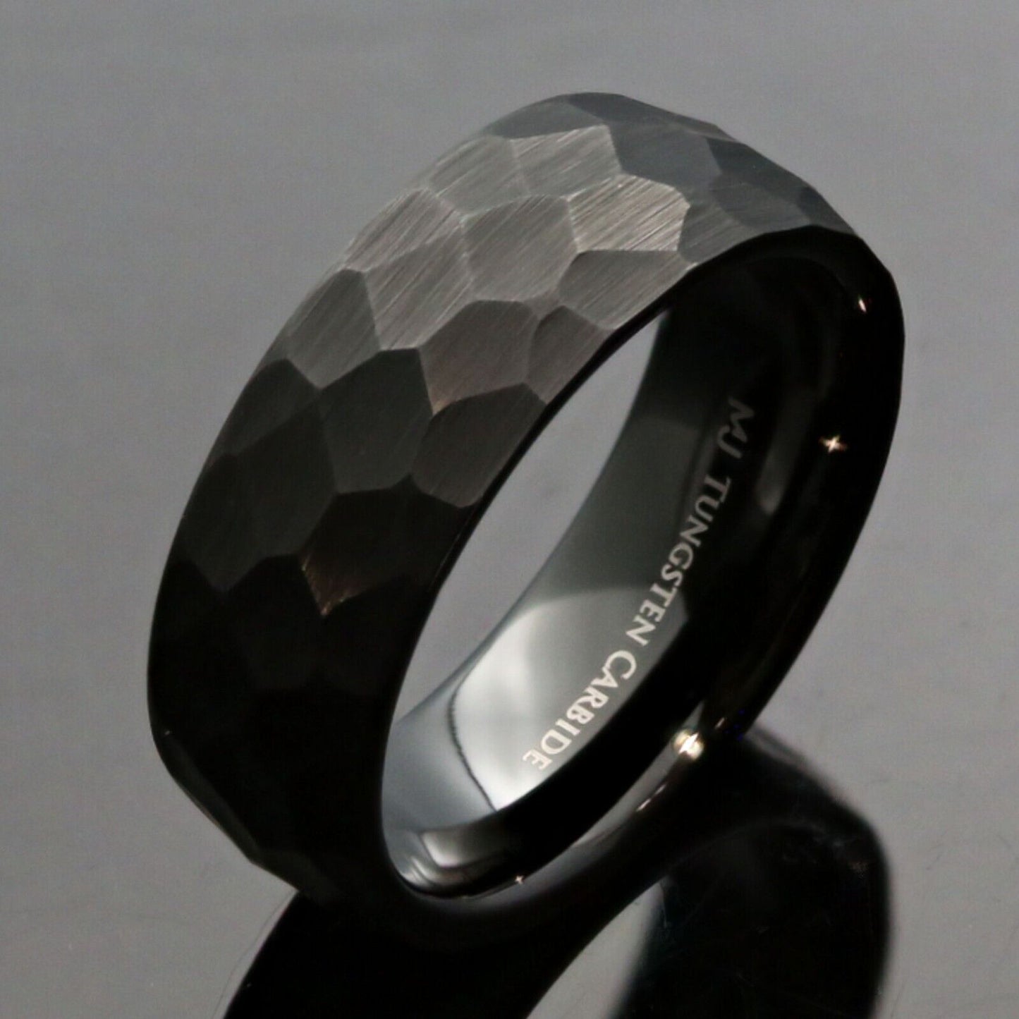 Tungsten Carbide 8mm Hammered Black Obsidian or Gold Plated Style Wedding Ring