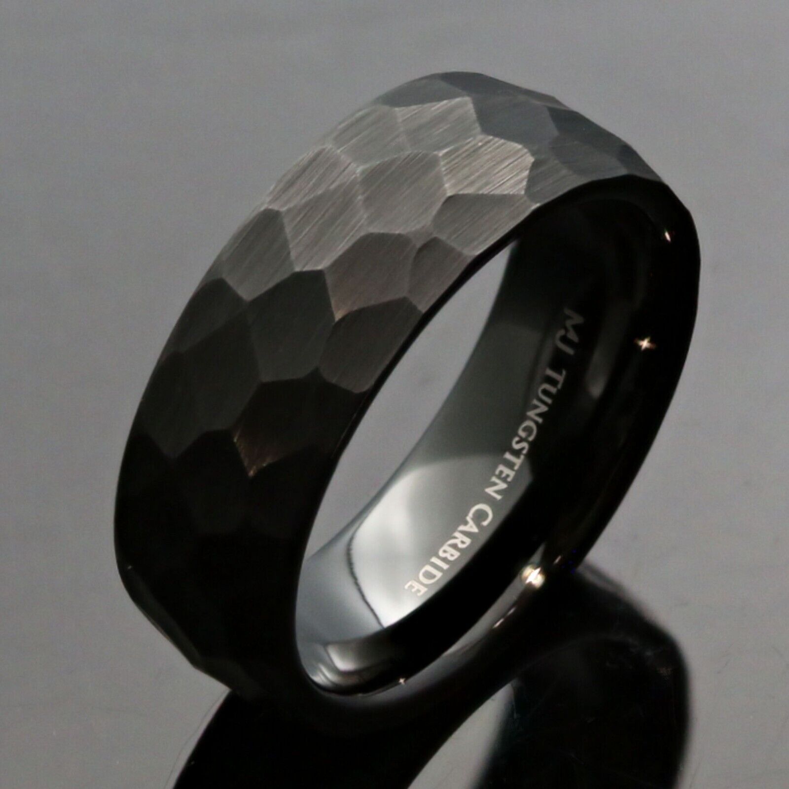 Tungsten Carbide 8mm Hammered Black Obsidian or Gold Plated Style Wedding Ring