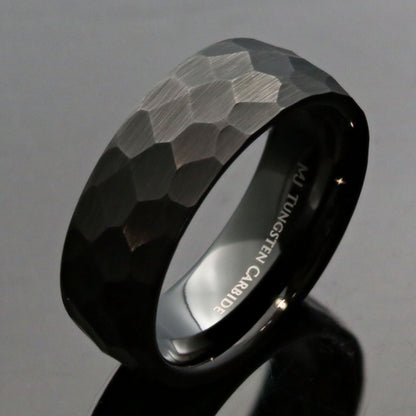 Tungsten Carbide 8mm Hammered Black Obsidian or Gold Plated Style Wedding Ring