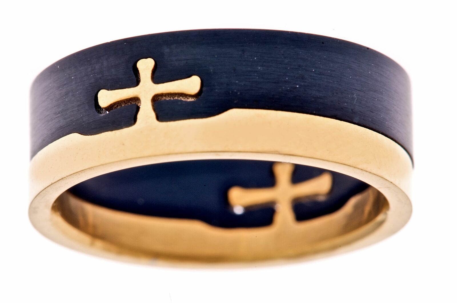Cross Puzzle Ring Matt Black and Polished Gold Plated 2 Pieces