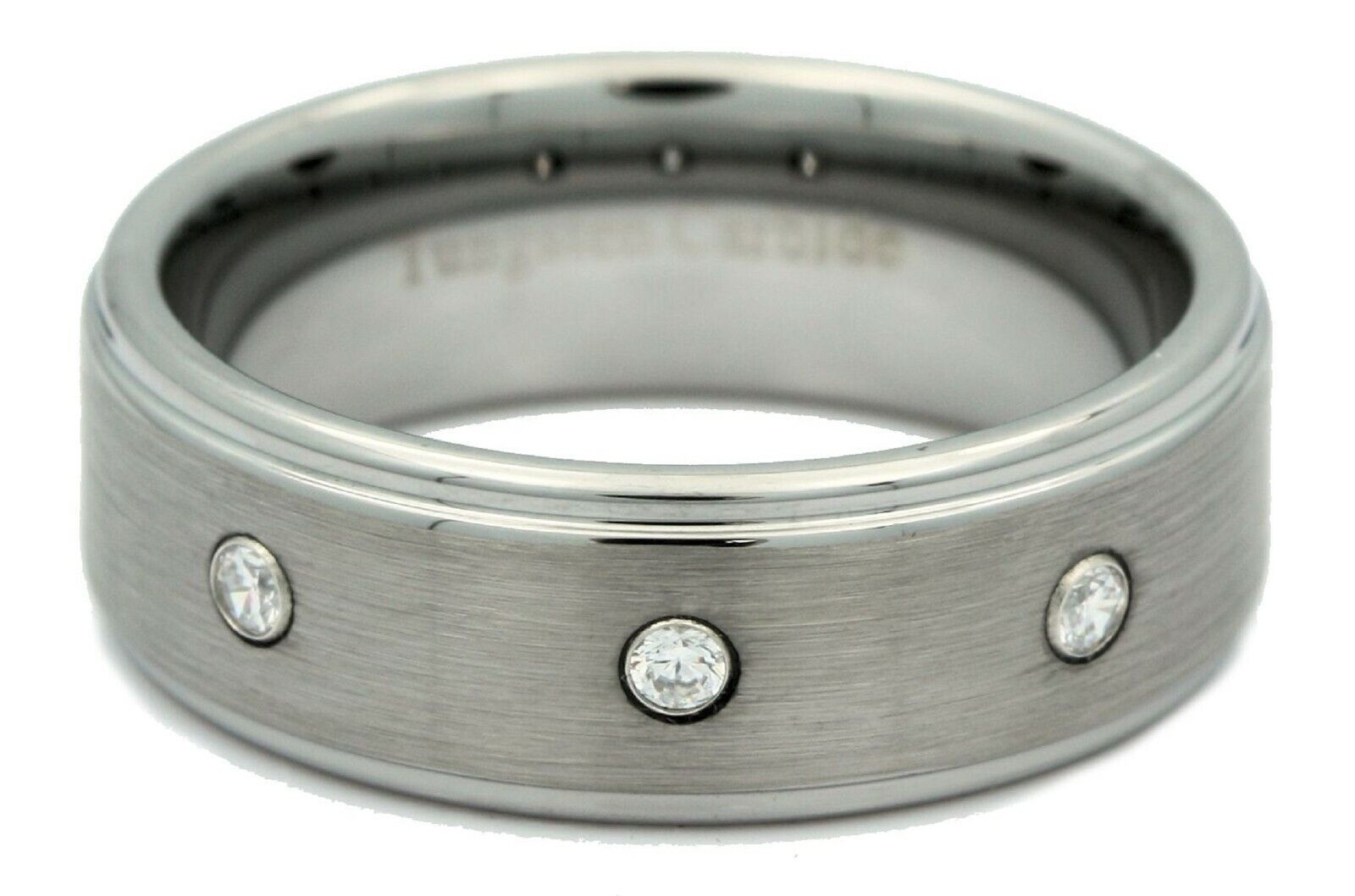 8mm Tungsten Carbide Wedding Ring 3 CZ Brushed Center Polished Edges