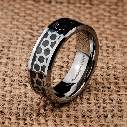 Tungsten Carbide Black or Polished Hexagon Pattern Over Black Carbon Fiber Inlay
