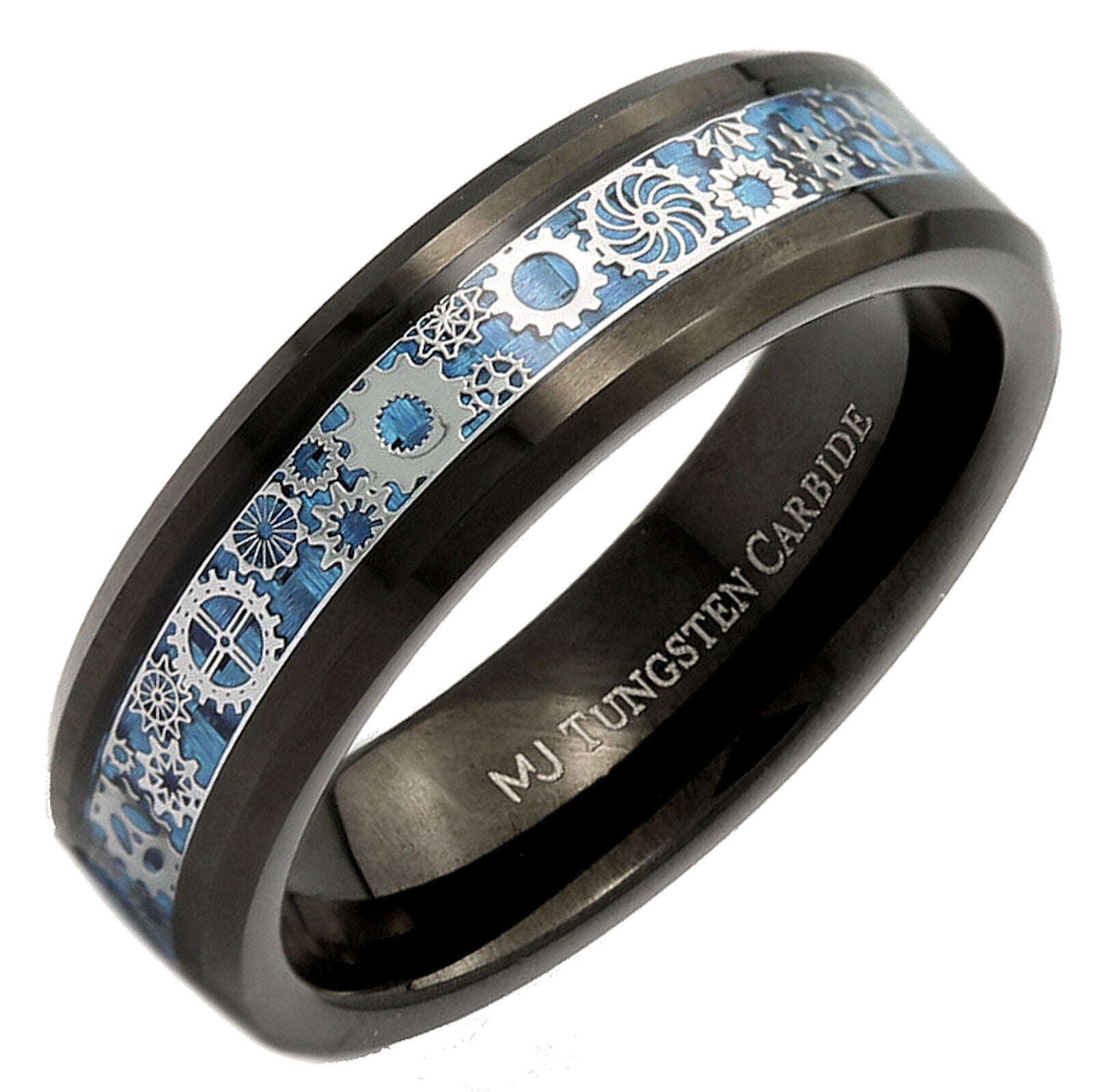 Steampunk Gear Inlay 8mm Polished or Black Plated Tungsten Carbide Wedding Ring