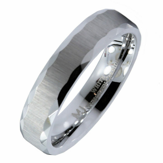 White Tungsten Carbide 5mm Grooved Edge Brushed Finish Wedding Band Ring