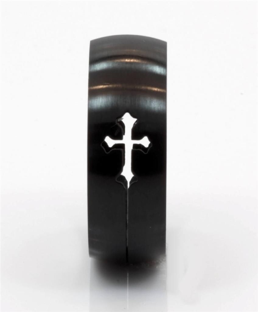 8mm Brushed Finished Stainless Steel Ring Cross Cut-Out ip Black