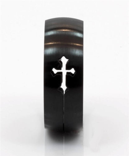 8mm Brushed Finished Stainless Steel Ring Cross Cut-Out ip Black