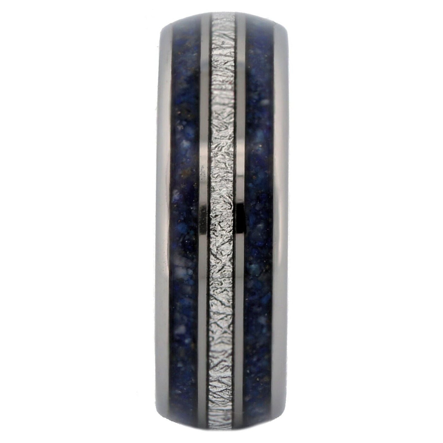 Tungsten Carbide 8mm Polished Finish with Lapis Lazuli and Faux Meteorite Inlay
