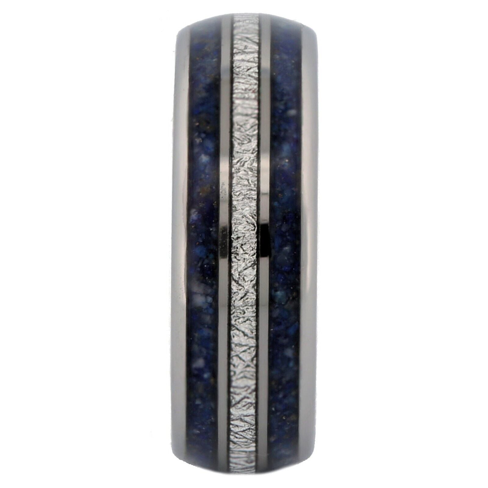 Tungsten Carbide 8mm Polished Finish with Lapis Lazuli and Faux Meteorite Inlay