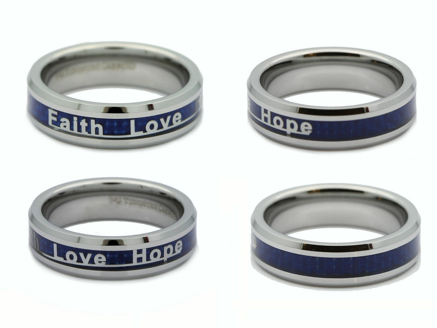 Faith Love Hope Ring Tungsten Carbide 6mm or 8mm Blue Carbon Fiber