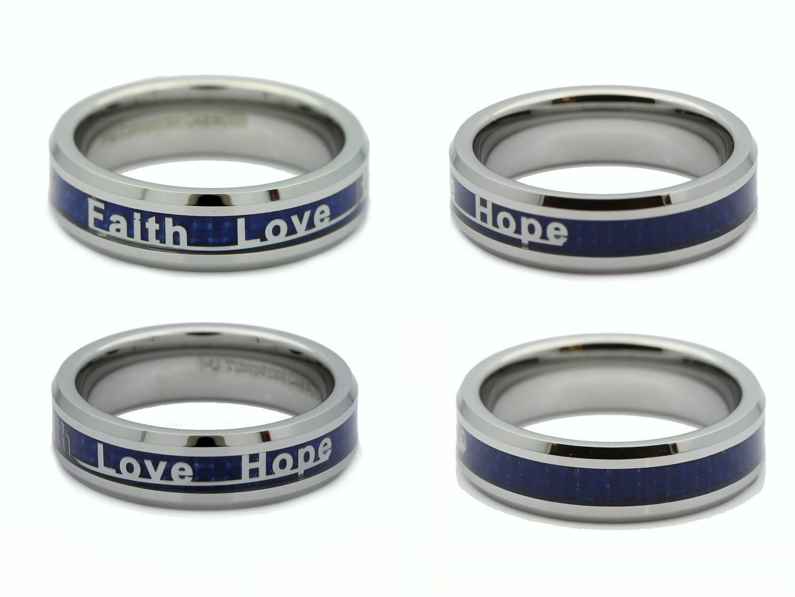 Faith Love Hope Ring Tungsten Carbide 6mm or 8mm Blue Carbon Fiber