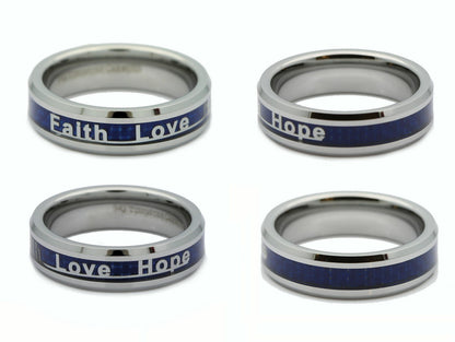 Faith Love Hope Ring Tungsten Carbide 6mm or 8mm Blue Carbon Fiber