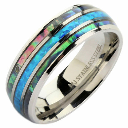 Stainless Steel Abalone Inlay with Koa Wood or Faux Opal Polished Ring
