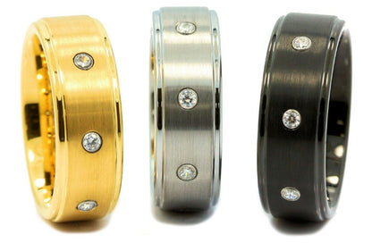 8mm Tungsten Carbide Wedding Ring 3 CZ Brushed Center Polished Edges
