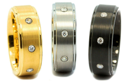 8mm Tungsten Carbide Wedding Ring 3 CZ Brushed Center Polished Edges
