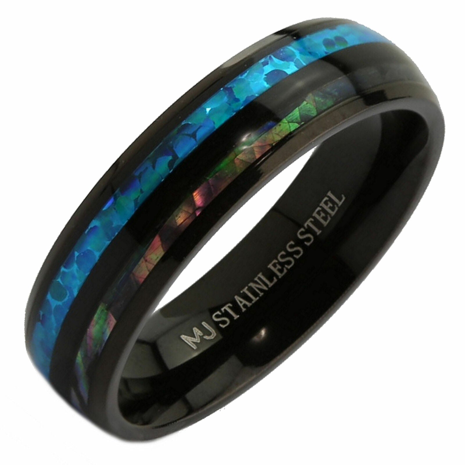 Custom Engraved Stainless Steel Abalone Inlay with Koa Wood or Faux Opal Ring