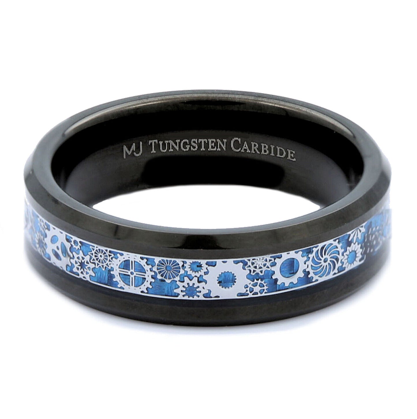 Steampunk Gear Inlay 8mm Polished or Black Plated Tungsten Carbide Wedding Ring