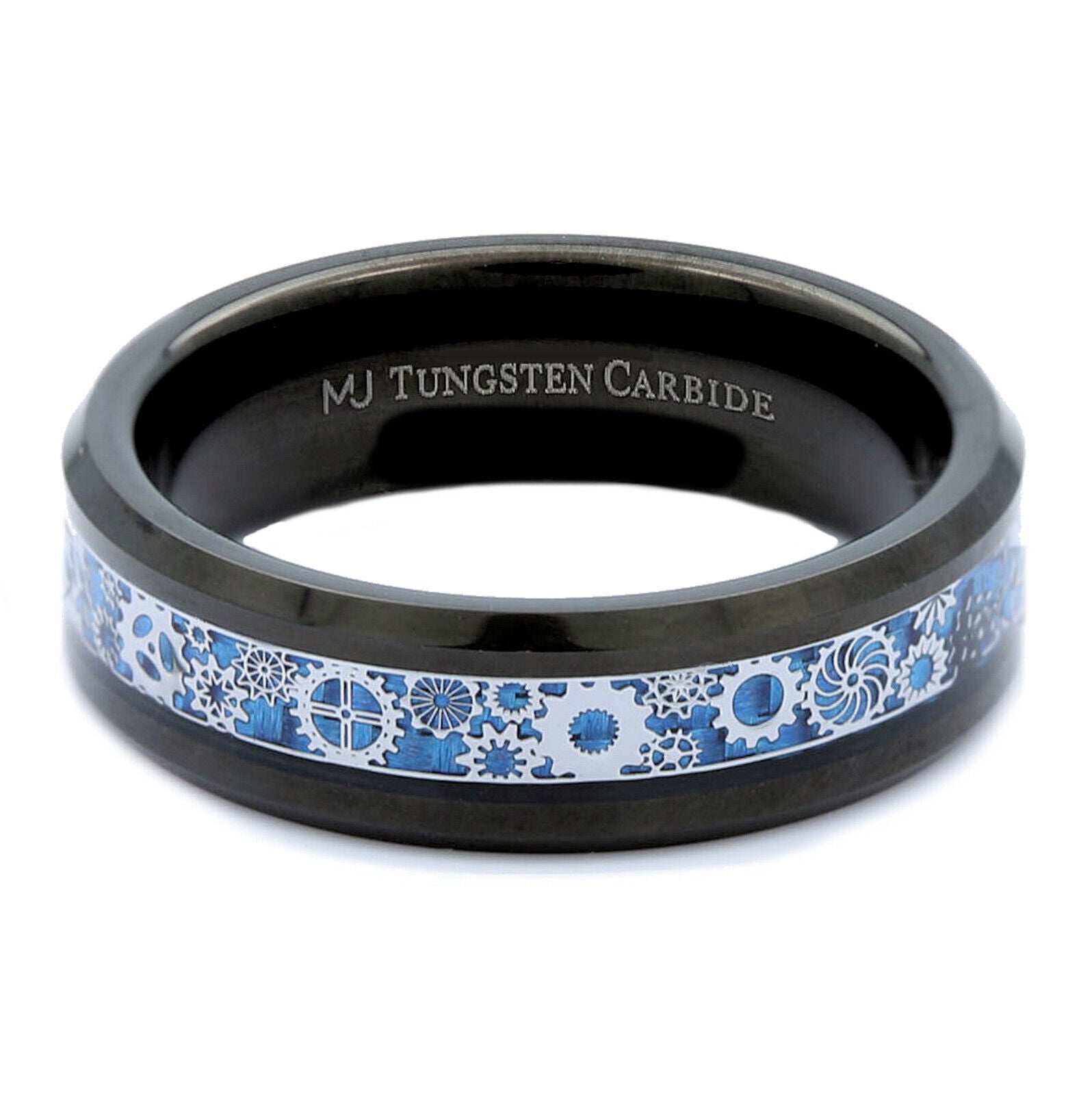 Steampunk Gear Inlay 8mm Polished or Black Plated Tungsten Carbide Wedding Ring