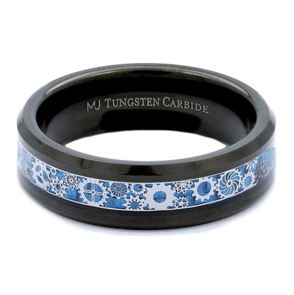 Steampunk Gear Inlay 8mm Polished or Black Plated Tungsten Carbide Wedding Ring