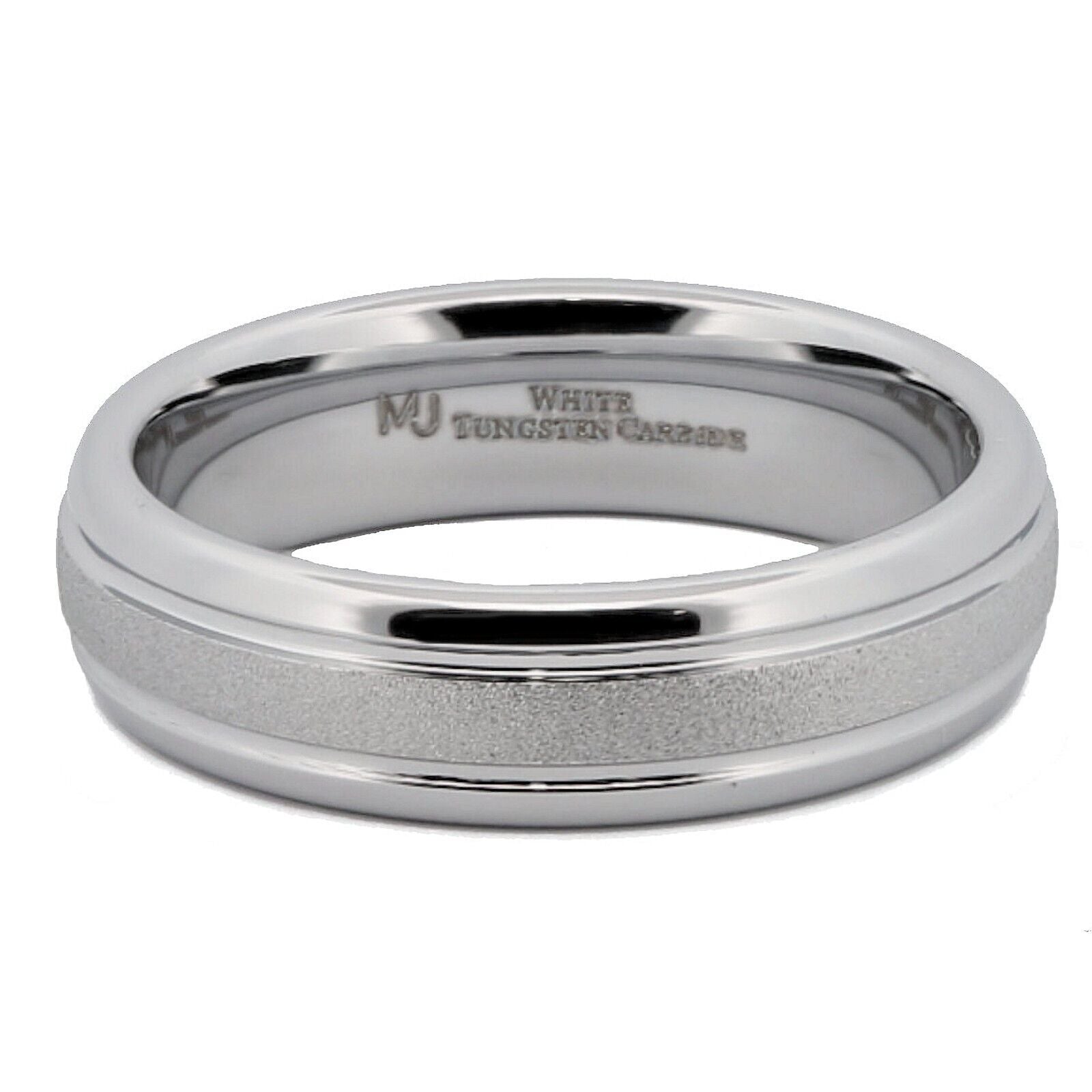 White Tungsten Carbide 6mm or 8mm Ring Sand Blasted Center Polished Edges