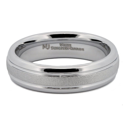 White Tungsten Carbide 6mm or 8mm Ring Sand Blasted Center Polished Edges